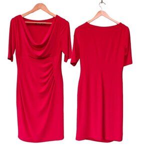 Ralph Lauren Women's Sz 10 Red Midi Jersey Cowel Neck Ruched 3/4 Sleeve Dress